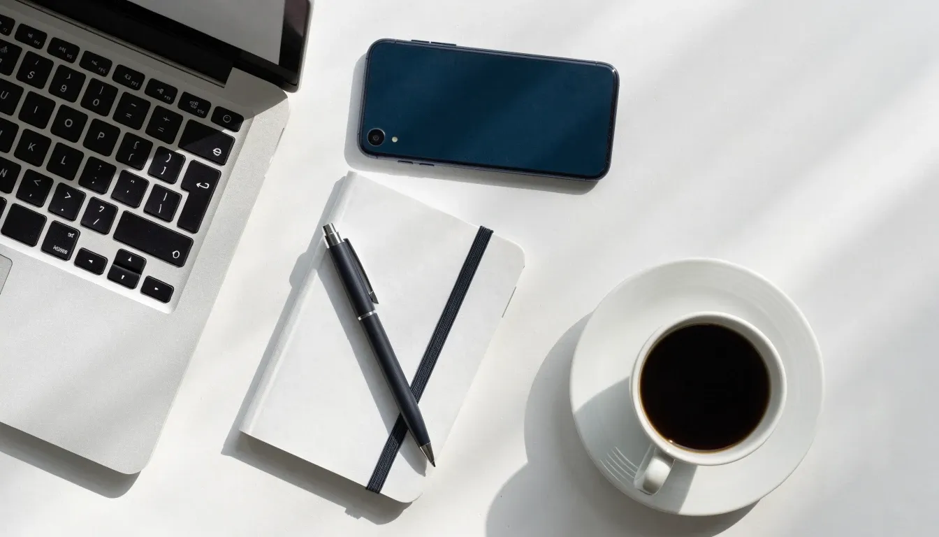 デスクに並んだノートパソコン、スマートフォン、手帳、コーヒー